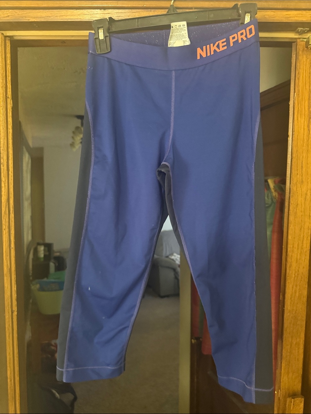 Nike Pro Girls' Purple-Blue Capri Leggings with Orange Logo
